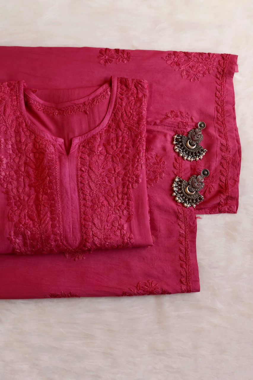 Pure Modal Long Handwork Kurti Plazo Set In Beautiful Coral Pink Shade.