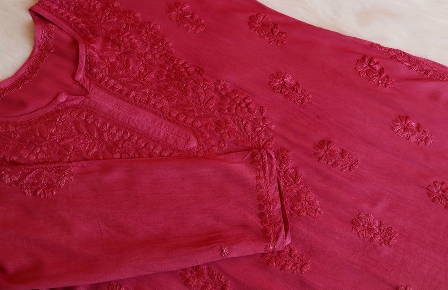 Pure Modal Long Handwork Kurti Plazo Set In Beautiful Coral Pink Shade. view 2