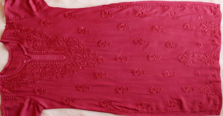 Pure Modal Long Handwork Kurti Plazo Set In Beautiful Coral Pink Shade. view 3