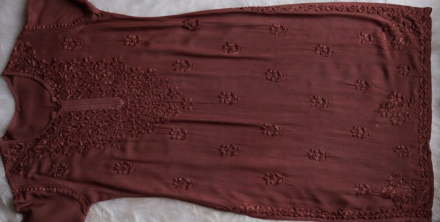 Modal 2 Piece Long Handwork Kurti Plazo Set In Light Brown Shade. view 3