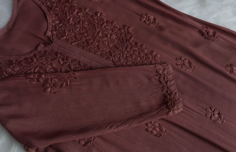 Modal 2 Piece Long Handwork Kurti Plazo Set In Light Brown Shade. view 2