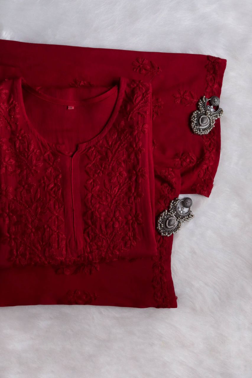Pure Modal Long Handwork Kurti Plazo Set In Beautiful Maroon Shade.
