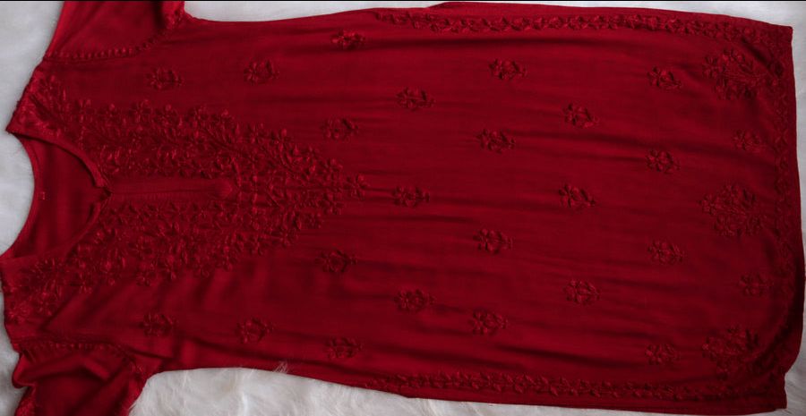 Pure Modal Long Handwork Kurti Plazo Set In Beautiful Maroon Shade. view 3