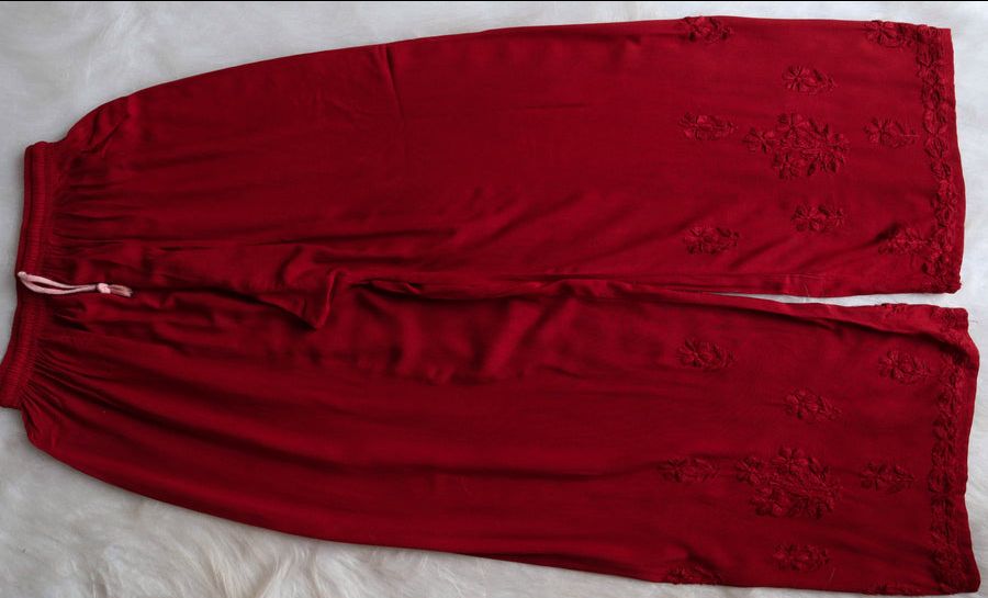 Pure Modal Long Handwork Kurti Plazo Set In Beautiful Maroon Shade. view 5