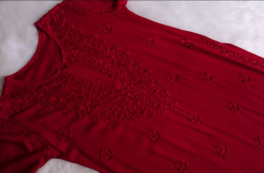 Pure Modal Long Handwork Kurti Plazo Set In Beautiful Maroon Shade. view 4