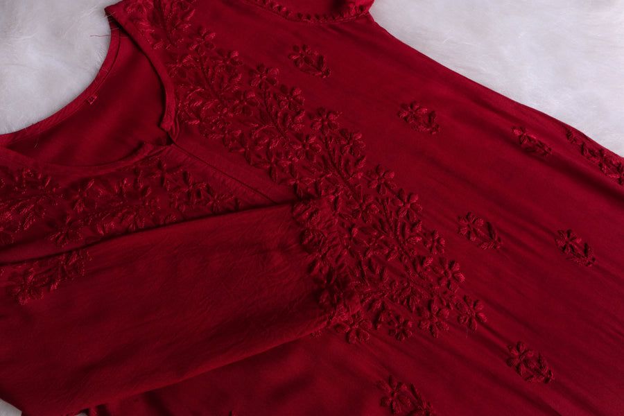 Pure Modal Long Handwork Kurti Plazo Set In Beautiful Maroon Shade. view 2