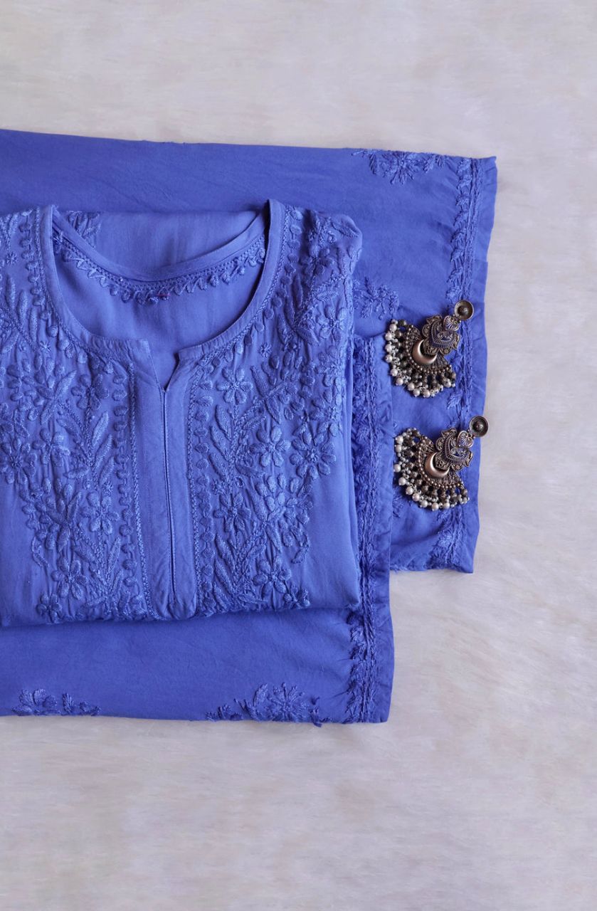 Modal handwork Long Kurti Plazo Set In Ice Blue.
