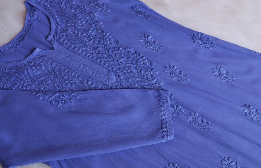 Modal handwork Long Kurti Plazo Set In Ice Blue. view 2