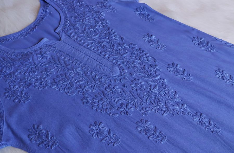 Modal handwork Long Kurti Plazo Set In Ice Blue. view 3