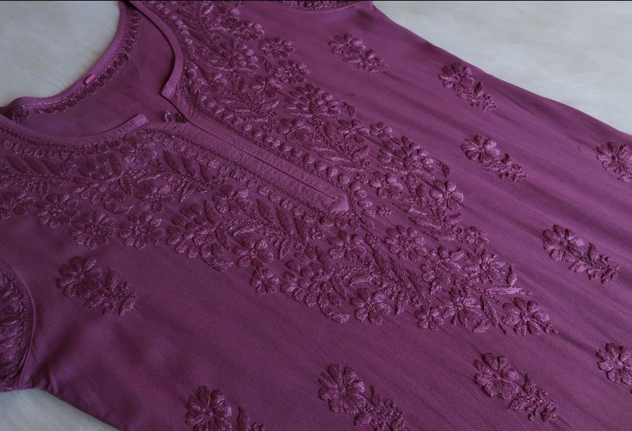 Modal Long Handwork Kurti Plazo Set In Dusky Mauve Shade. view 3