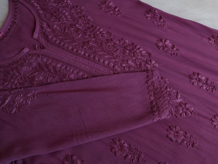 Modal Long Handwork Kurti Plazo Set In Dusky Mauve Shade. view 2