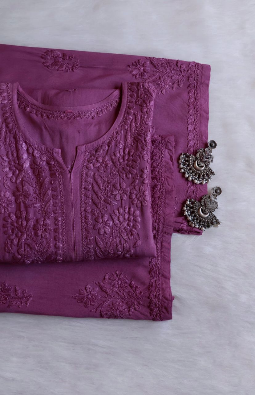 Modal Long Handwork Kurti Plazo Set In Dusky Mauve Shade.