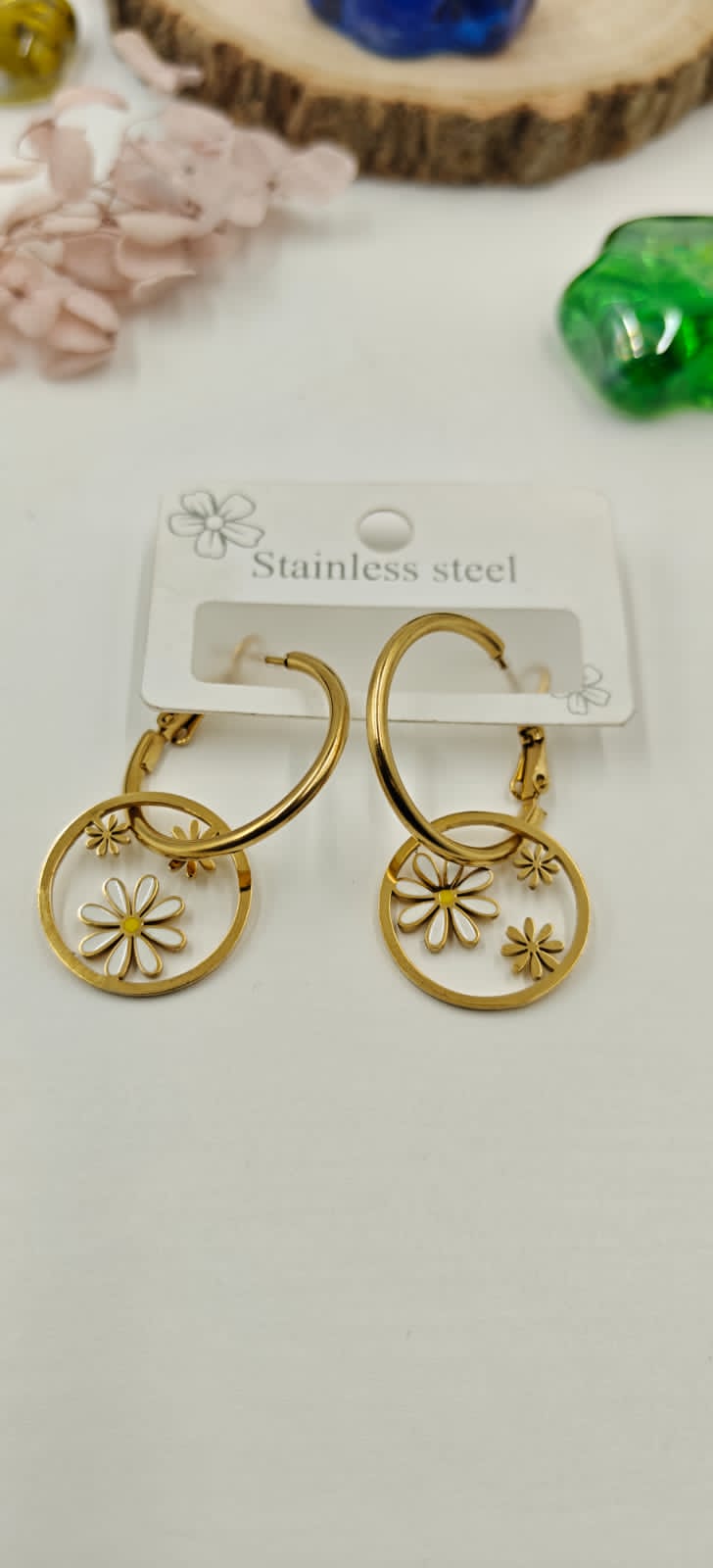 Golden Hoop Flower Design Earrings view 3