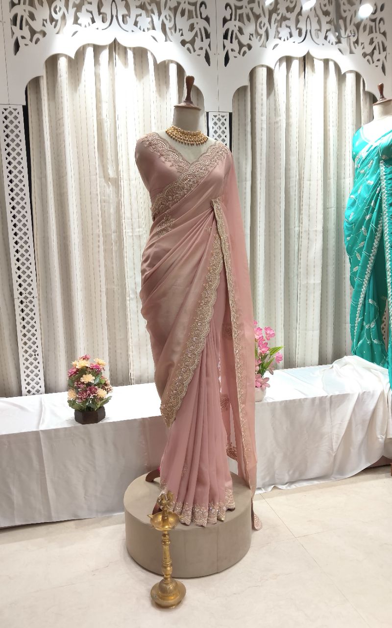 Designer Silk Saree With Hand Work Paul Embroidery view 3