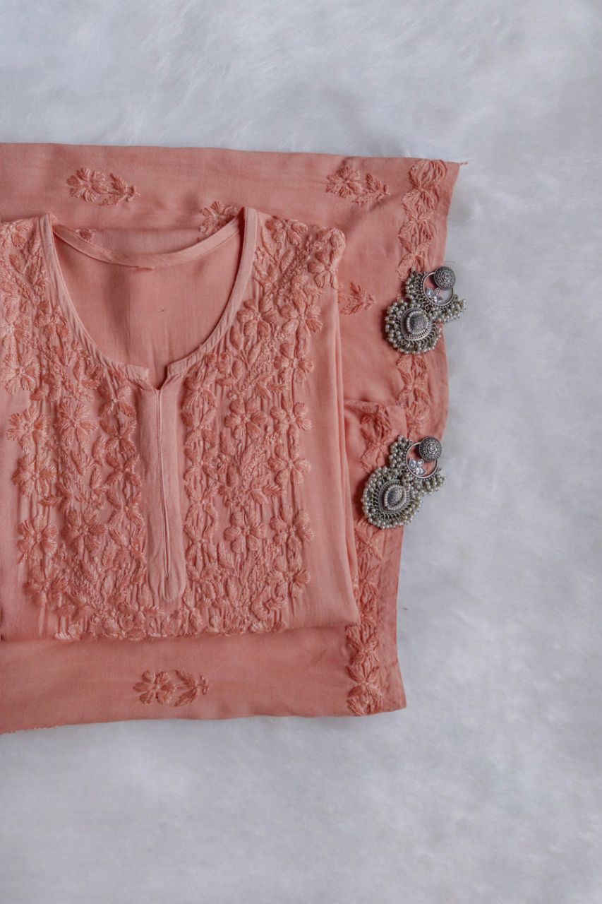 Modal 2 Piece Long Handwork Kurti Plazo Set In Peach Shade✨