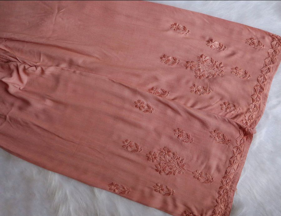 Modal 2 Piece Long Handwork Kurti Plazo Set In Peach Shade✨ view 3