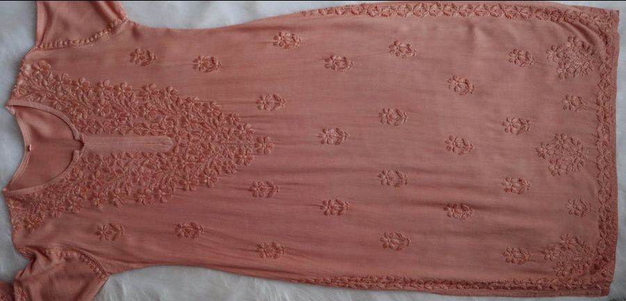 Modal 2 Piece Long Handwork Kurti Plazo Set In Peach Shade✨ view 4