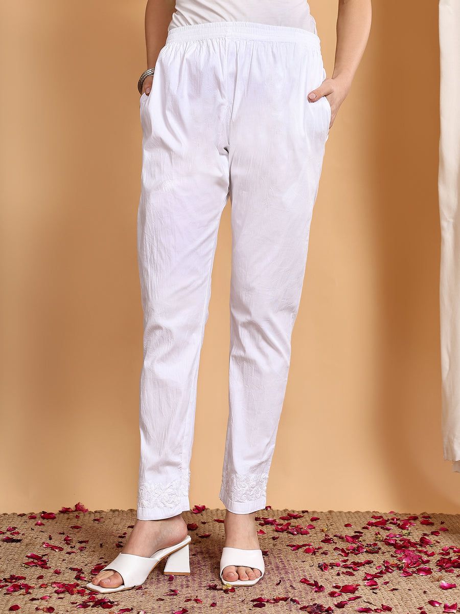 CHIKANKARI WHITE PANTS IN HAND EMBROIDERY. view 3