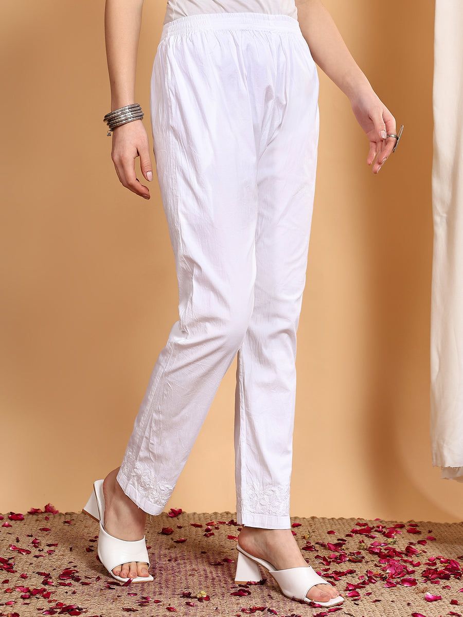 CHIKANKARI WHITE PANTS IN HAND EMBROIDERY. view 2