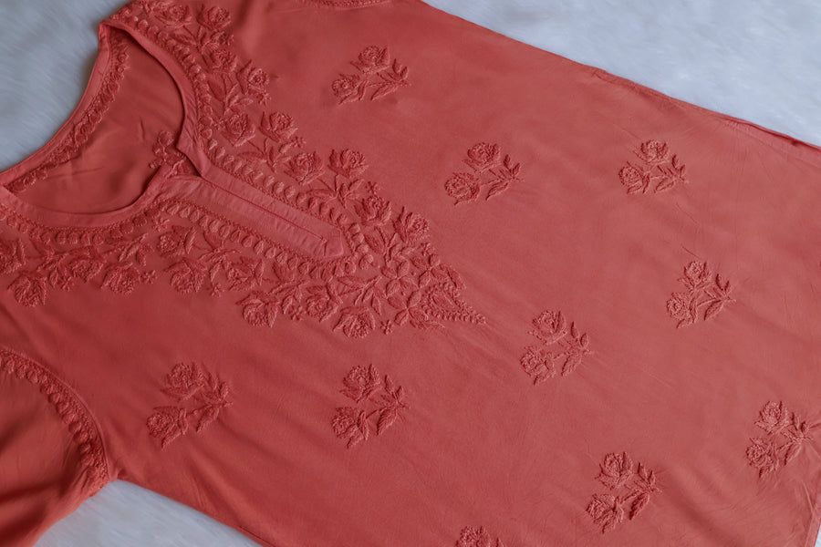 MODAL SHORT HANDWORK KURTI IN RUST SHADE. view 2