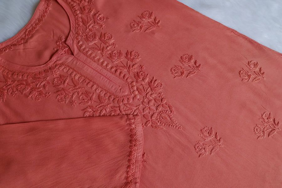 MODAL SHORT HANDWORK KURTI IN RUST SHADE. view 3