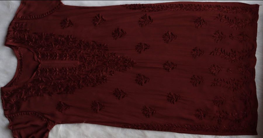 Modal 2 Piece Long Handwork Kurti Plazo Set In Chocolate Brown. view 5