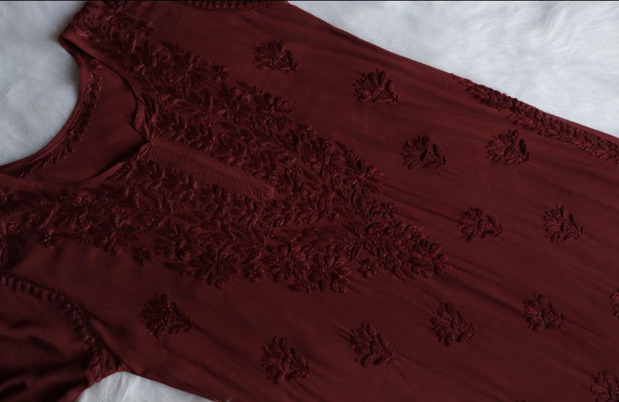 Modal 2 Piece Long Handwork Kurti Plazo Set In Chocolate Brown. view 3