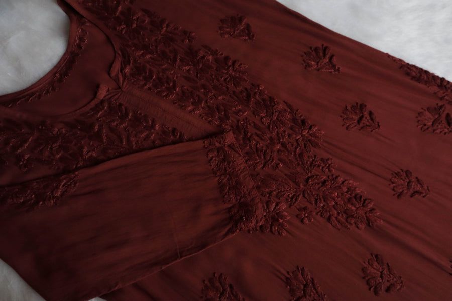 Modal 2 Piece Long Handwork Kurti Plazo Set In Chocolate Brown. view 4