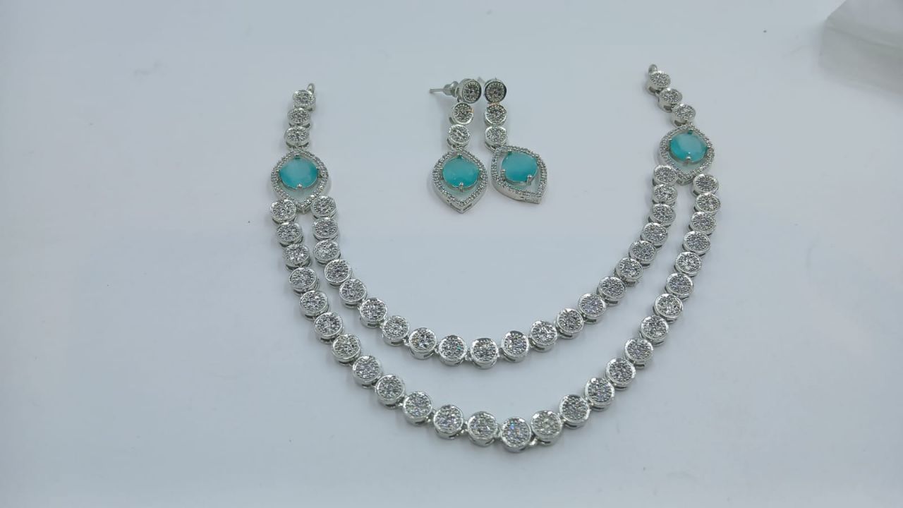 Aqua Blue American Diamond Set Double Layers view 2