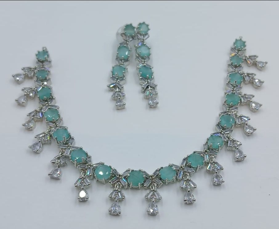 Sparkling American Diamond In Aqua Necklace Set view 3