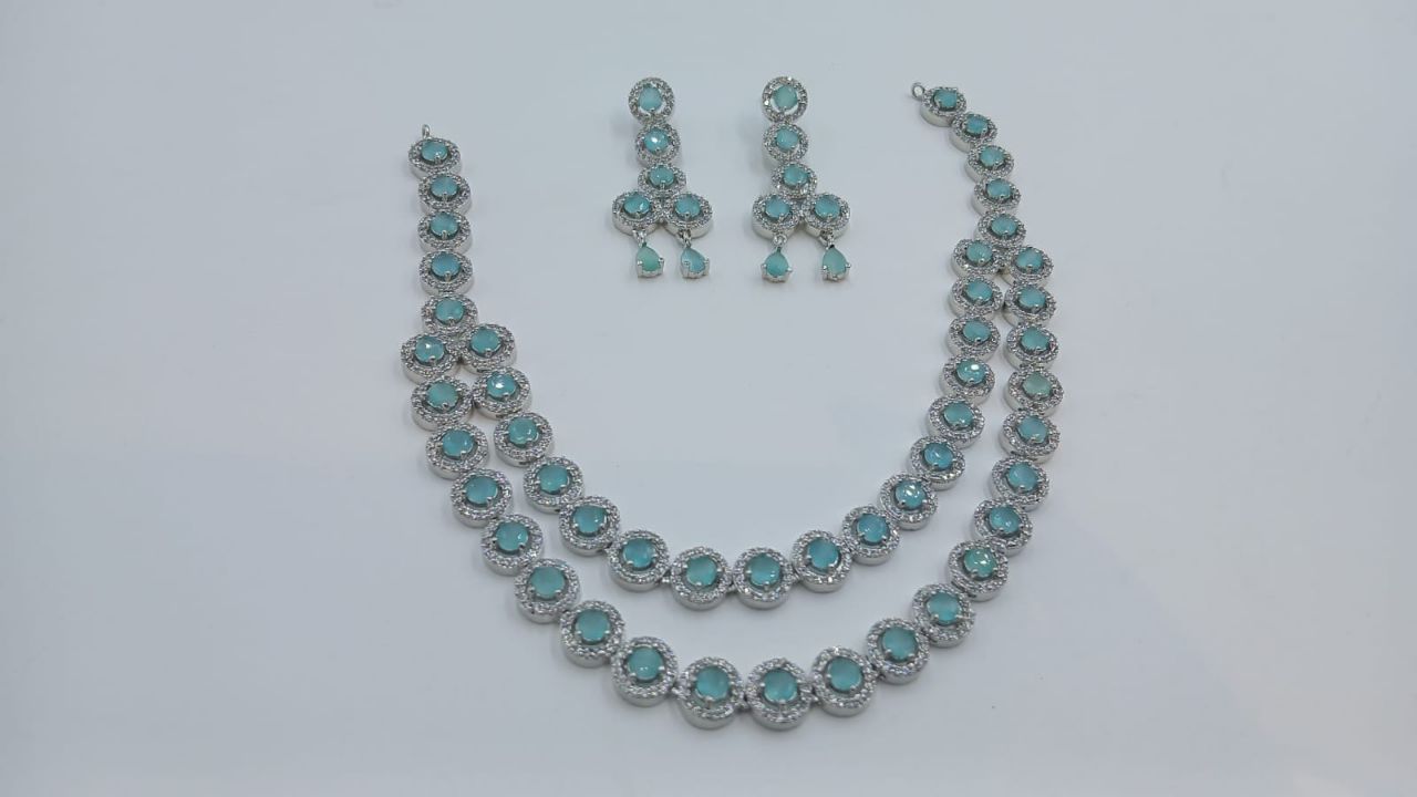 Aqua Green Double Layer American Diamond Set view 3