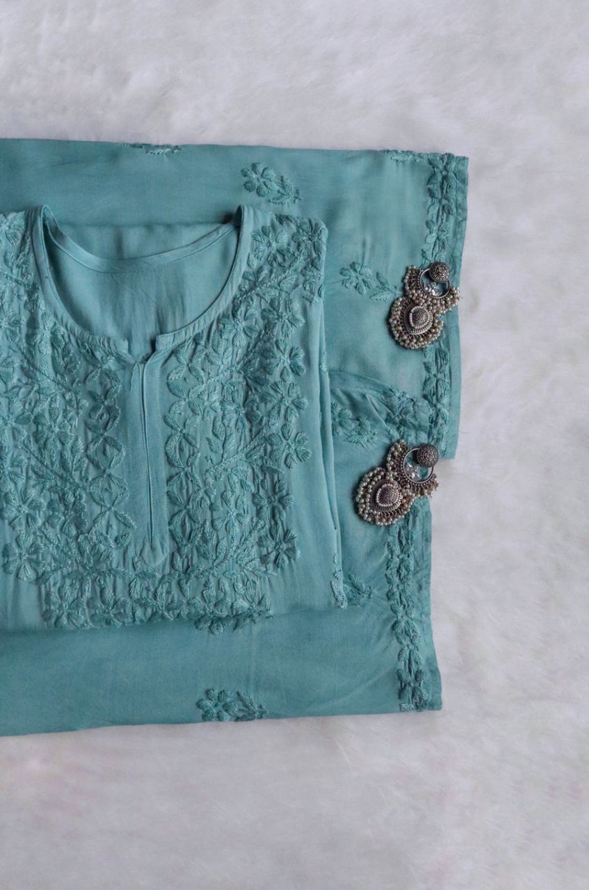 MODAL LONG HANDWORK KURTI PLAZO SET IN SAGE GREEN.🌷