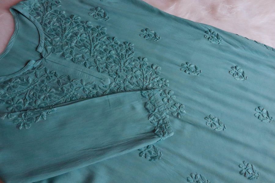MODAL LONG HANDWORK KURTI PLAZO SET IN SAGE GREEN.🌷 view 2
