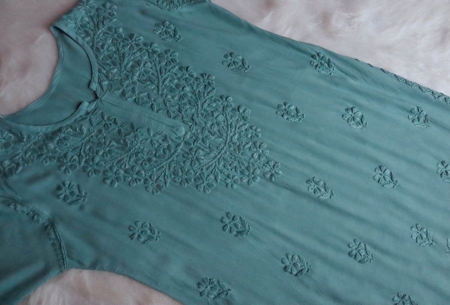MODAL LONG HANDWORK KURTI PLAZO SET IN SAGE GREEN.🌷 view 3
