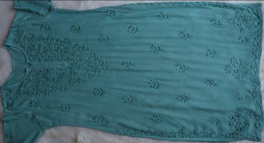 MODAL LONG HANDWORK KURTI PLAZO SET IN SAGE GREEN.🌷 view 4