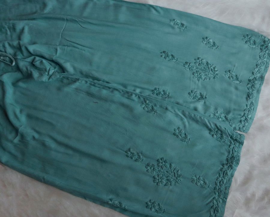MODAL LONG HANDWORK KURTI PLAZO SET IN SAGE GREEN.🌷 view 5