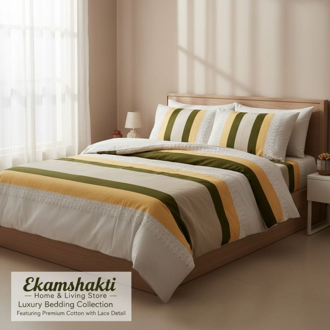 Olive Gold Stripe Lace Cotton Bedding Set, King Size