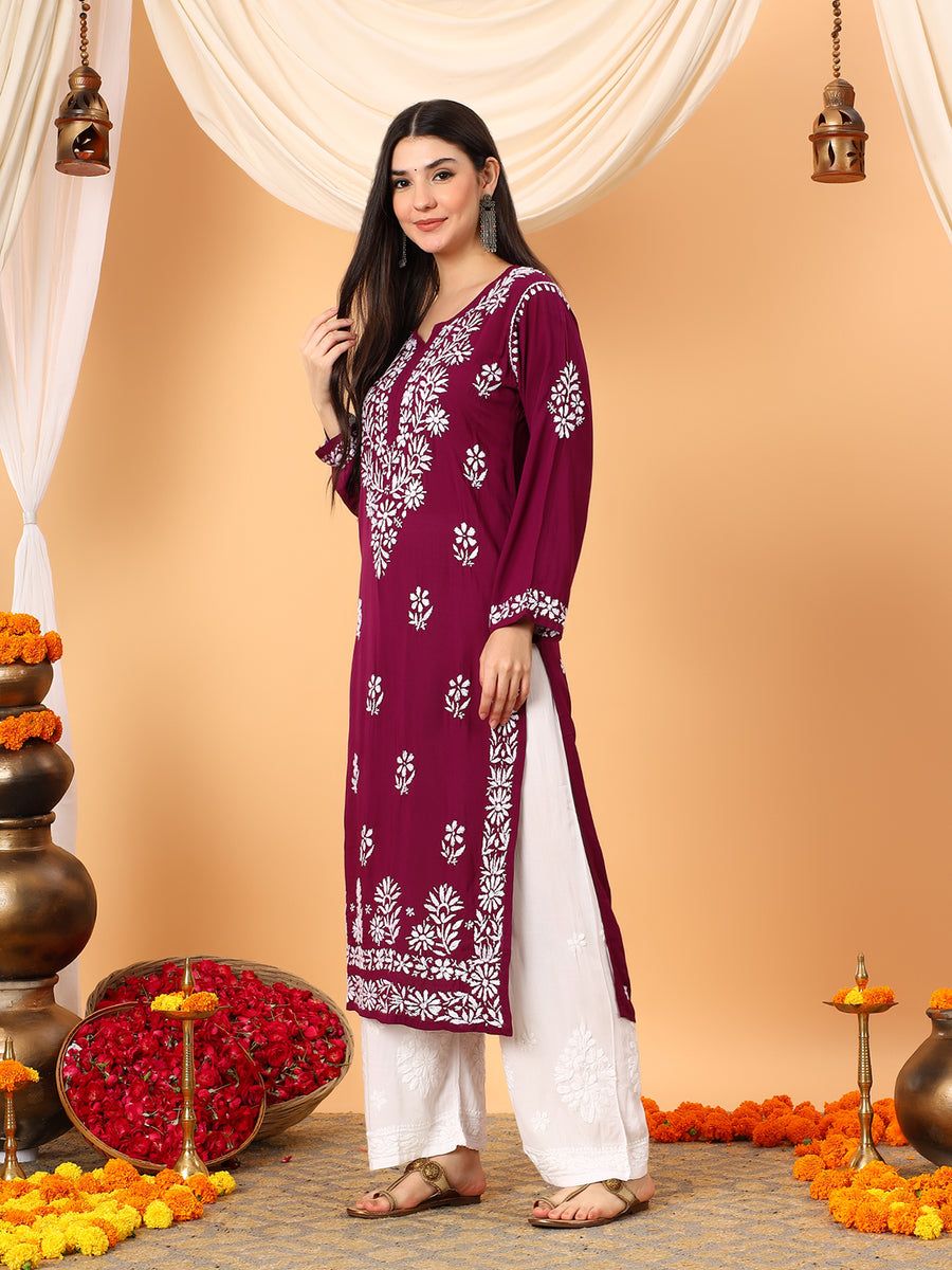 MODAL NON TRANSPARENT LONG HANDWORK KURTI IN MAROON. view 2