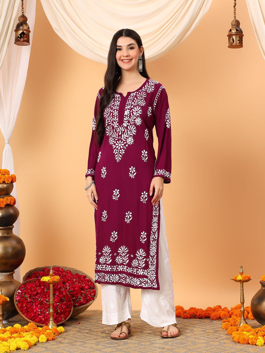 MODAL NON TRANSPARENT LONG HANDWORK KURTI IN MAROON.