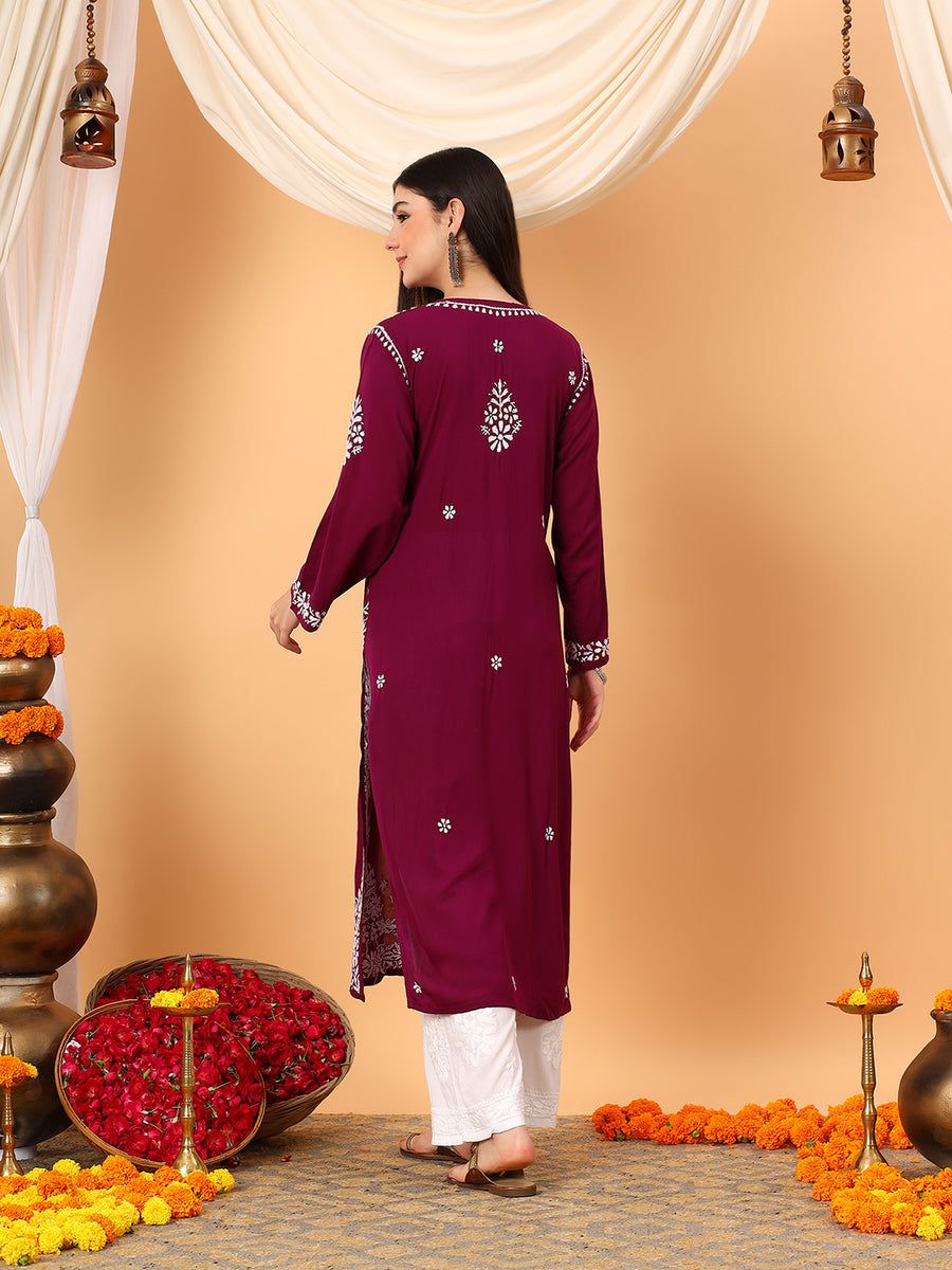 MODAL NON TRANSPARENT LONG HANDWORK KURTI IN MAROON. view 4