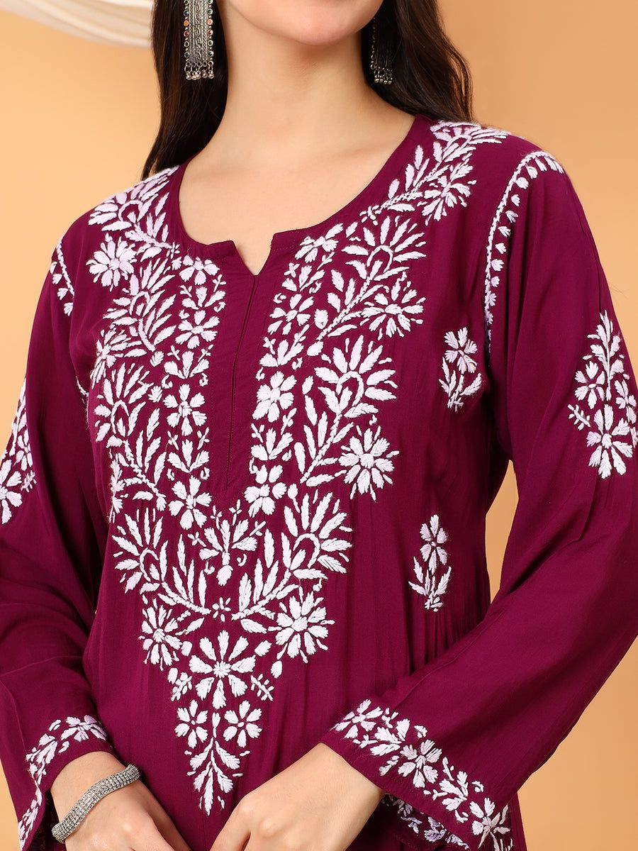 MODAL NON TRANSPARENT LONG HANDWORK KURTI IN MAROON. view 3
