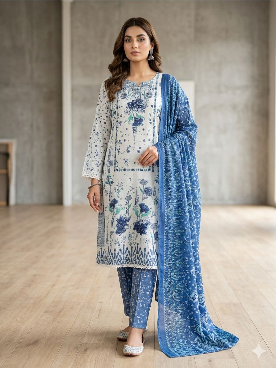 Blue White Catton Suit Set