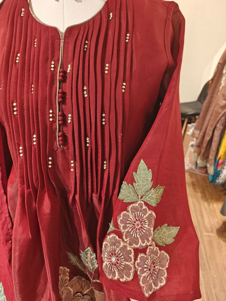 XL Deep red organza with floral patch work A line suit view 5