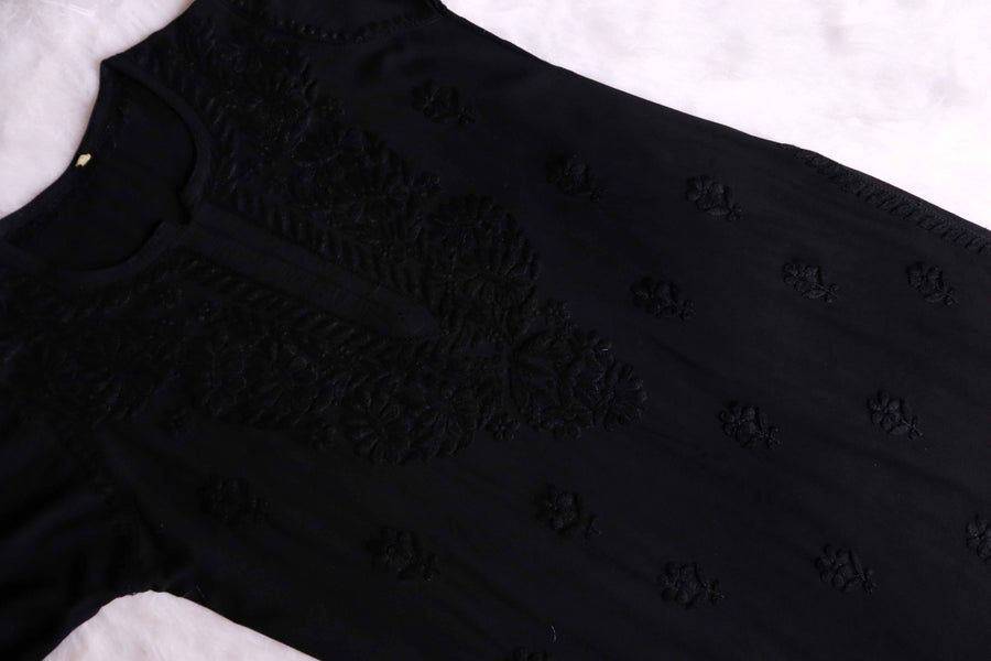 Pure Modal Long Handwork Kurti Plazo Set In Beautiful Black Shade. view 3