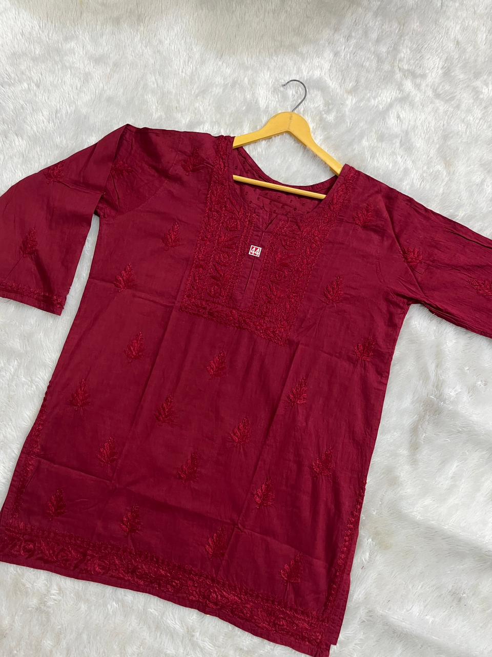 DOBY COTTON SHORT HANDWORK KURTI IN MAROON.