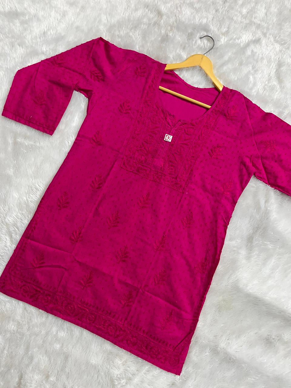 DOBY COTTON SHORT HANDWORK KURTI IN MAGENTA PINK
