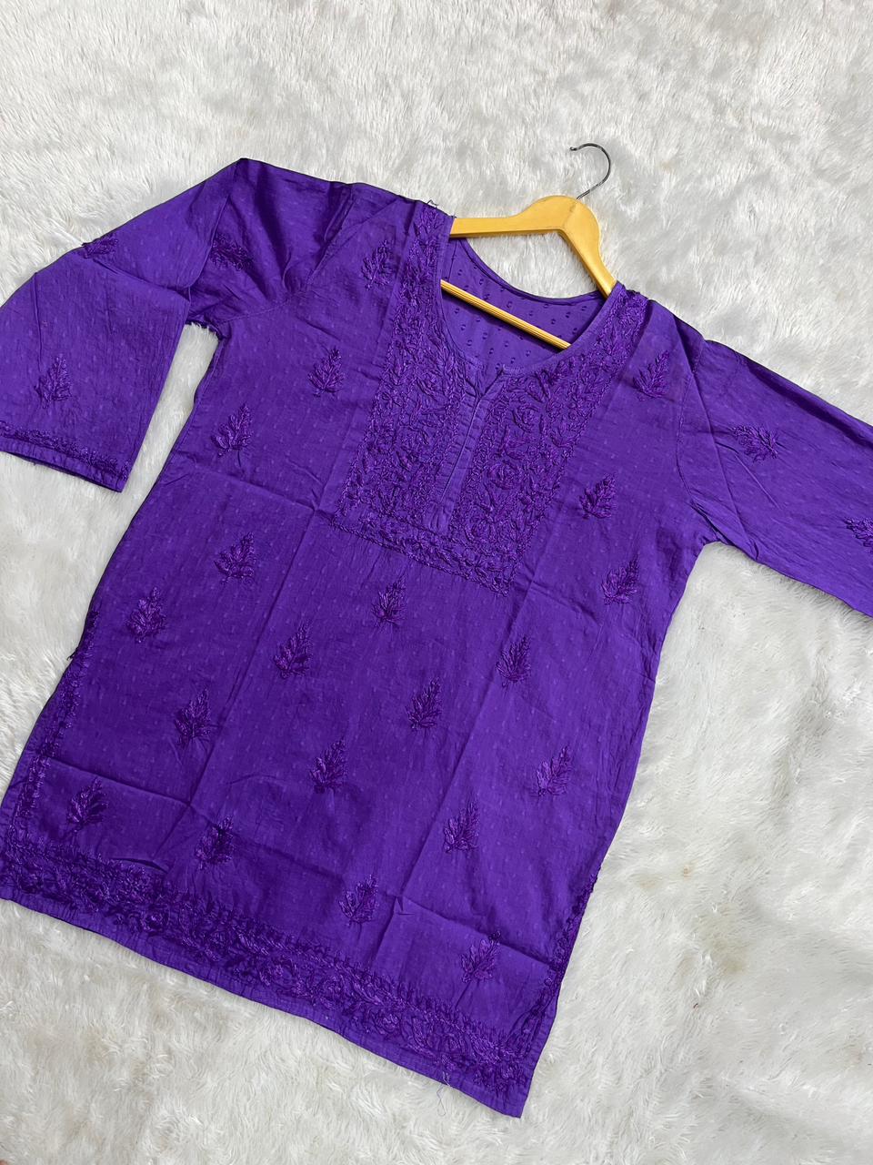 DOBY COTTON SHORT HANDWORK KURTI IN PURPLE.