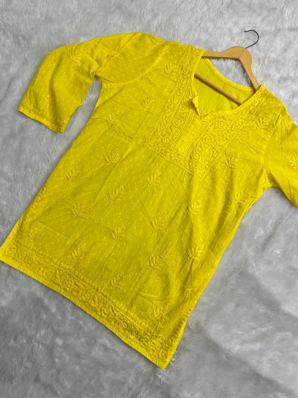 DOBY COTTON SHORT HANDWORK KURTI IN YELLOW.