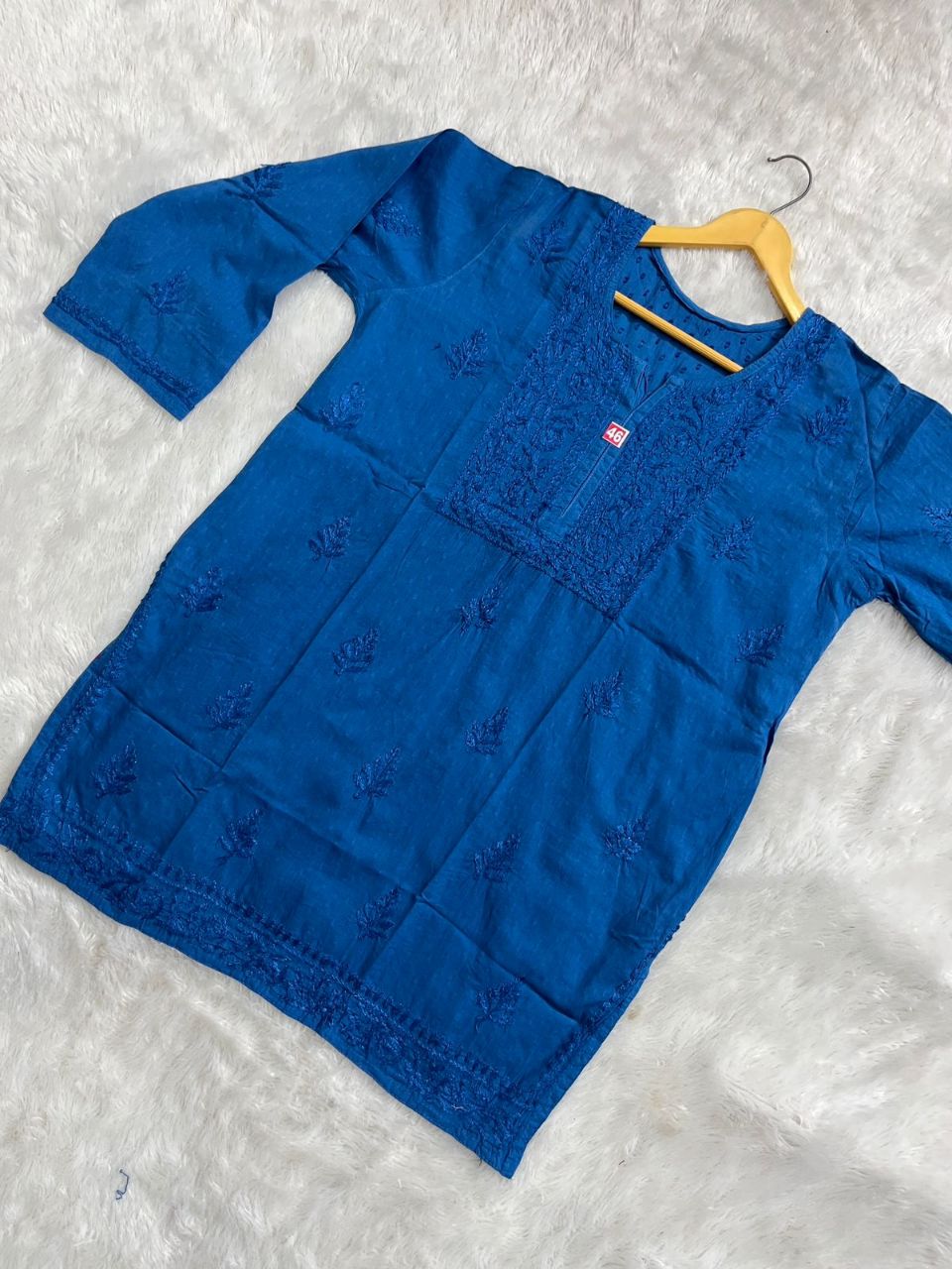 DOBY COTTON SHORT HANDWORK KURTI IN NAVY BLUE.
