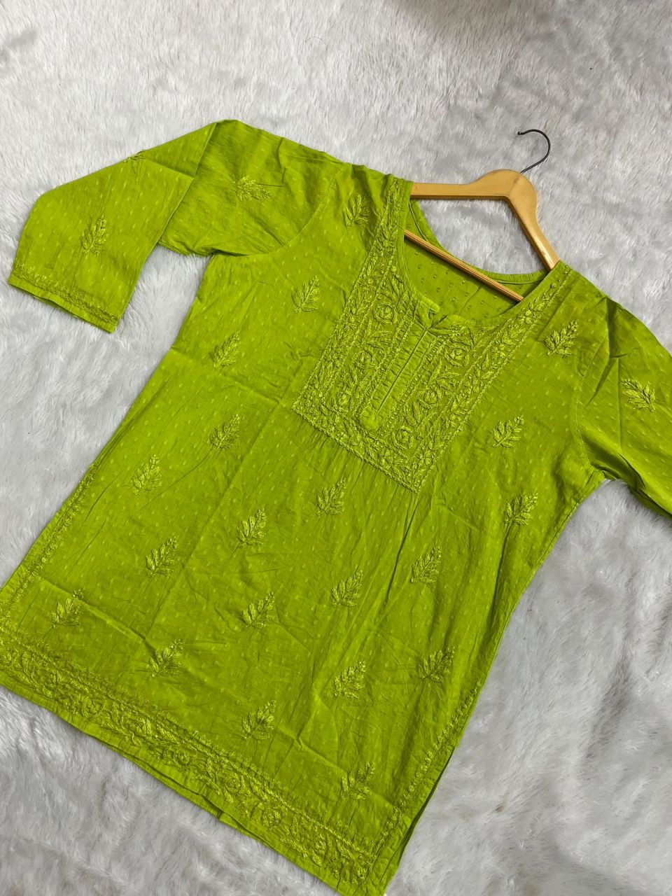 DOBY COTTON SHORT HANDWORK KURTI IN NEON GREEN.